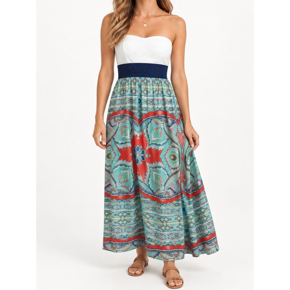 Trixxi Strapless Maxi Dress XL White Lace Paisley Print Boho Summer Beach Teal